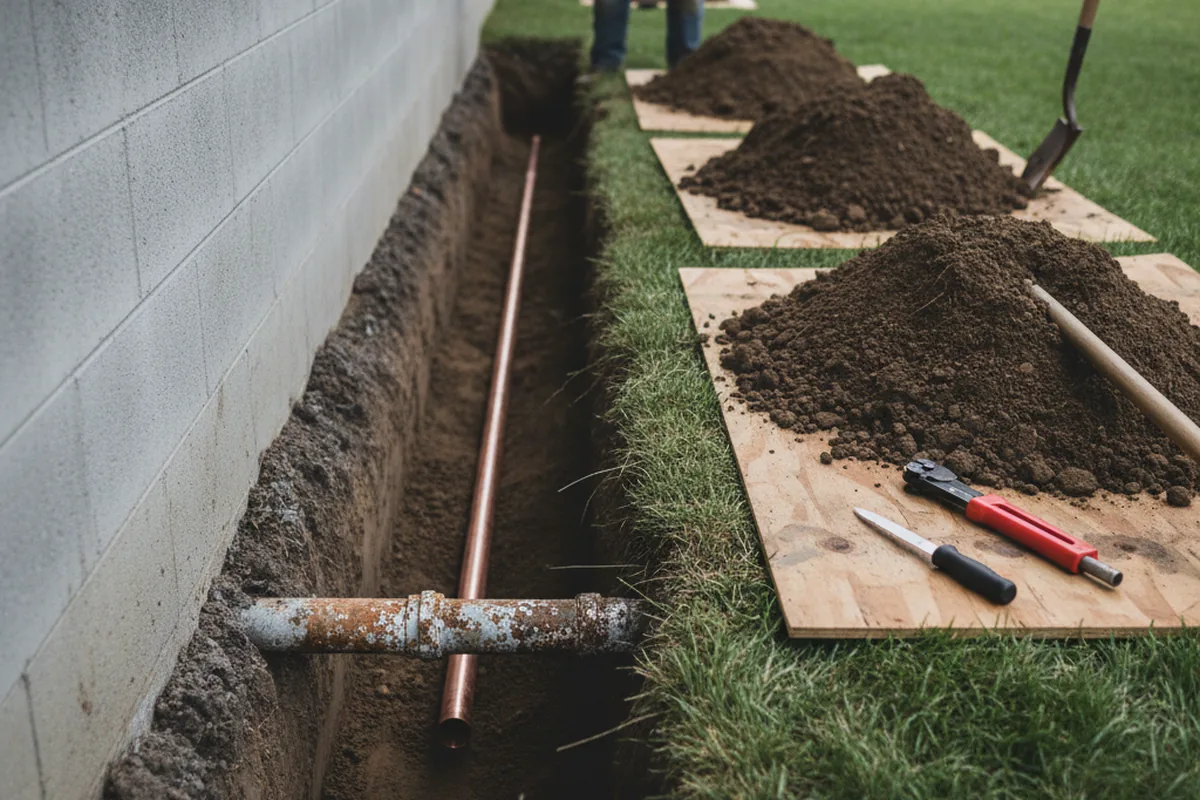 Excavated water line trench during Sewer Line Repair in Otterbein